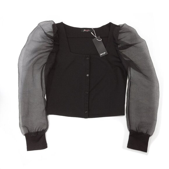 Cropped Organza Puff Sleeve Blouse Black Square Neck Button Front M L Nasty Gal - Picture 2 of 9